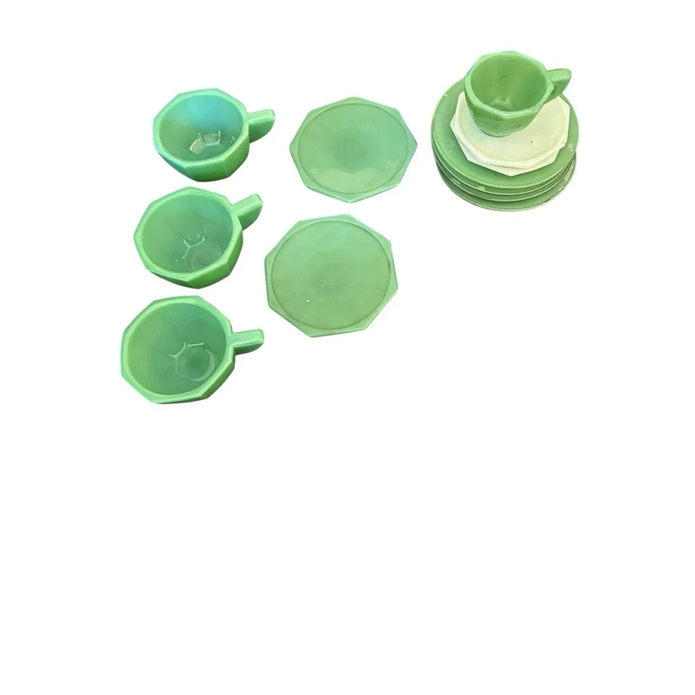 Vintage Jadeite Akro Agate JP Octagonal Child's Tea Set Accessories Cup Plate 12